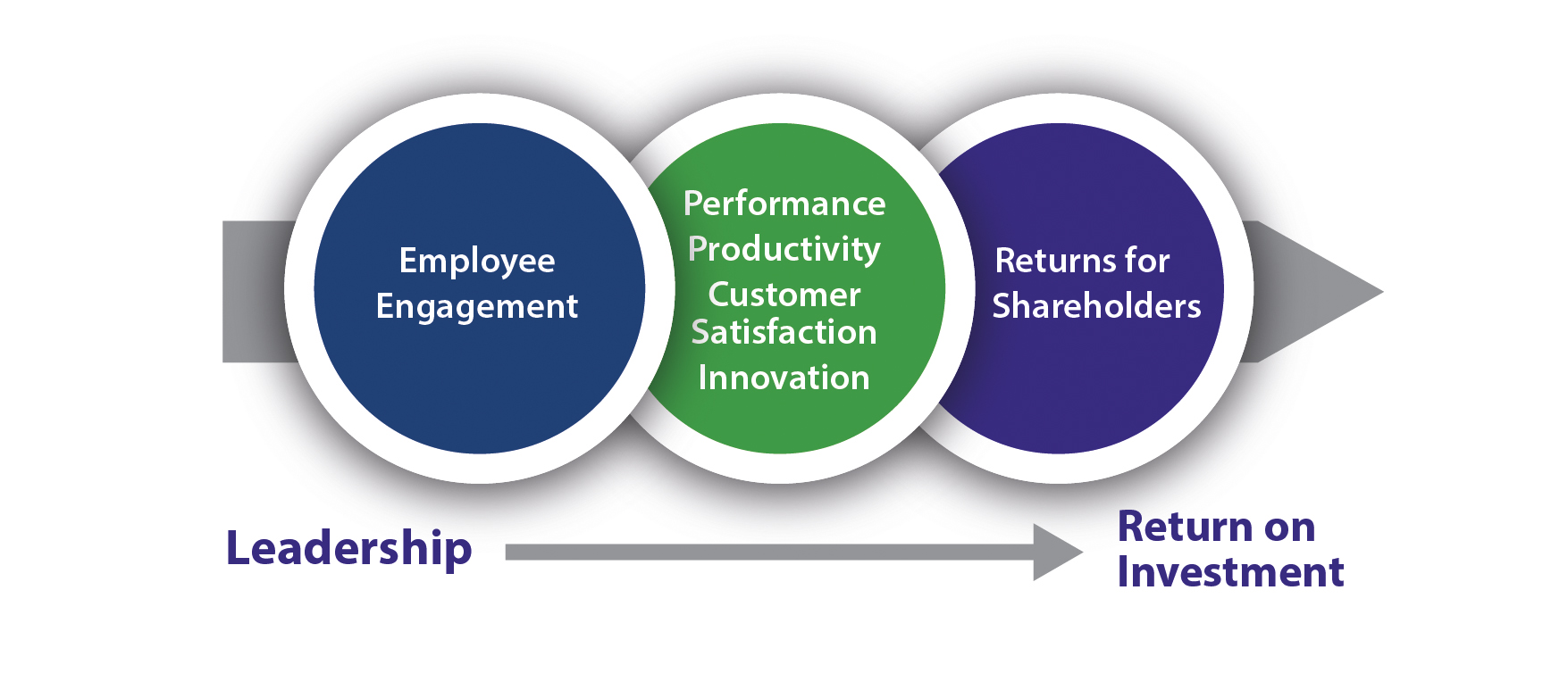 Leadership arrow to Return on Investment. Circle 1 - Employee Engagement. Circle 2 - Performance productivity. Circle 3 - Customer satisfaction. Innovation. Returns for shareholders