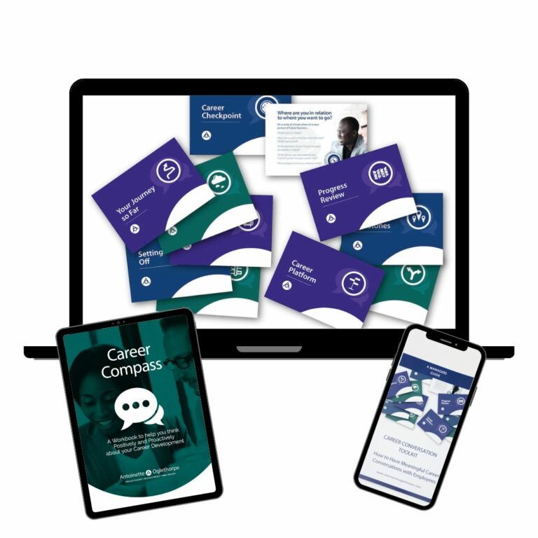 Career Conversations Digital Bundle with the career conversations toolkit on a laptop, carre compass workbook on a tablet and the Manager's guide on a mobile phone