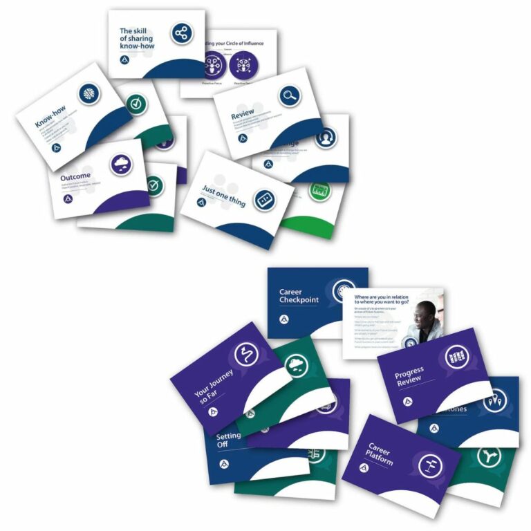 Toolkit Printed Bundle - cards laid out for the Career Conversations Toolkit and the Mentoring Toolkit